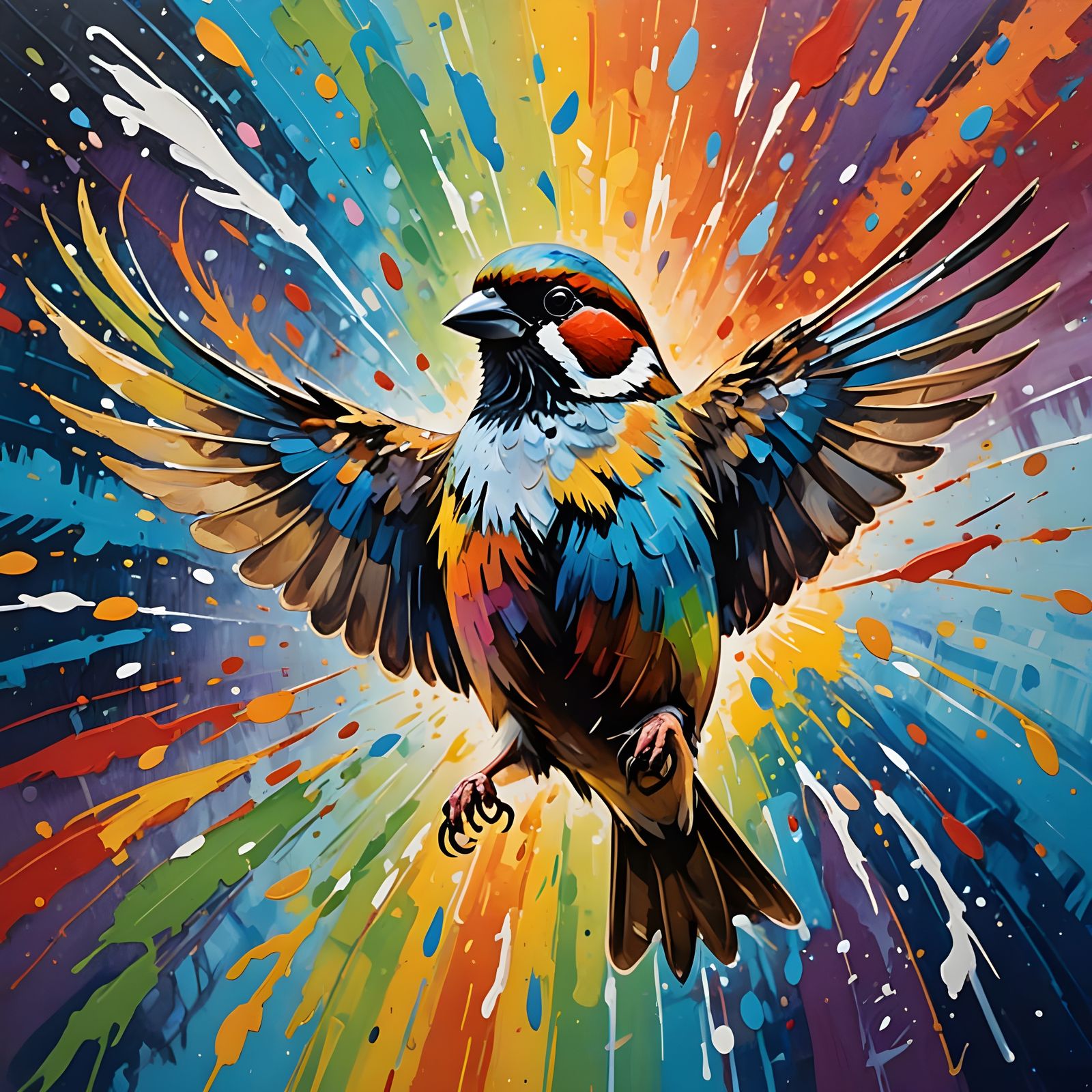 Vibrant House Sparrow Takes Flight in a Splattered Rainbow
