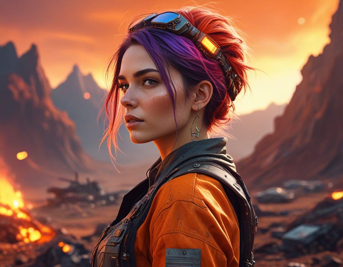 Woman in Post-Apocalyptic Landscape: Vivid Digital Art