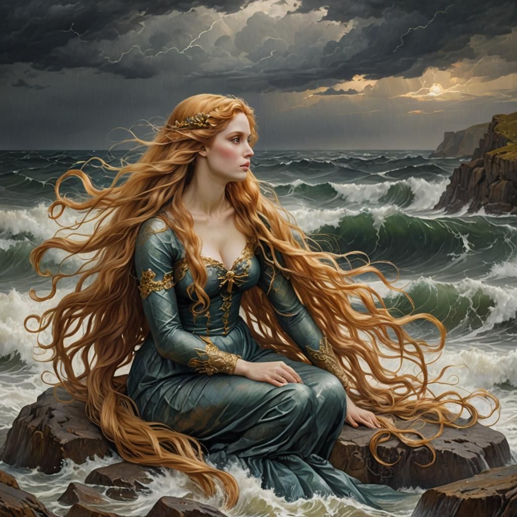 Mermaid by Stormy Sea in Pre-Raphaelite Style