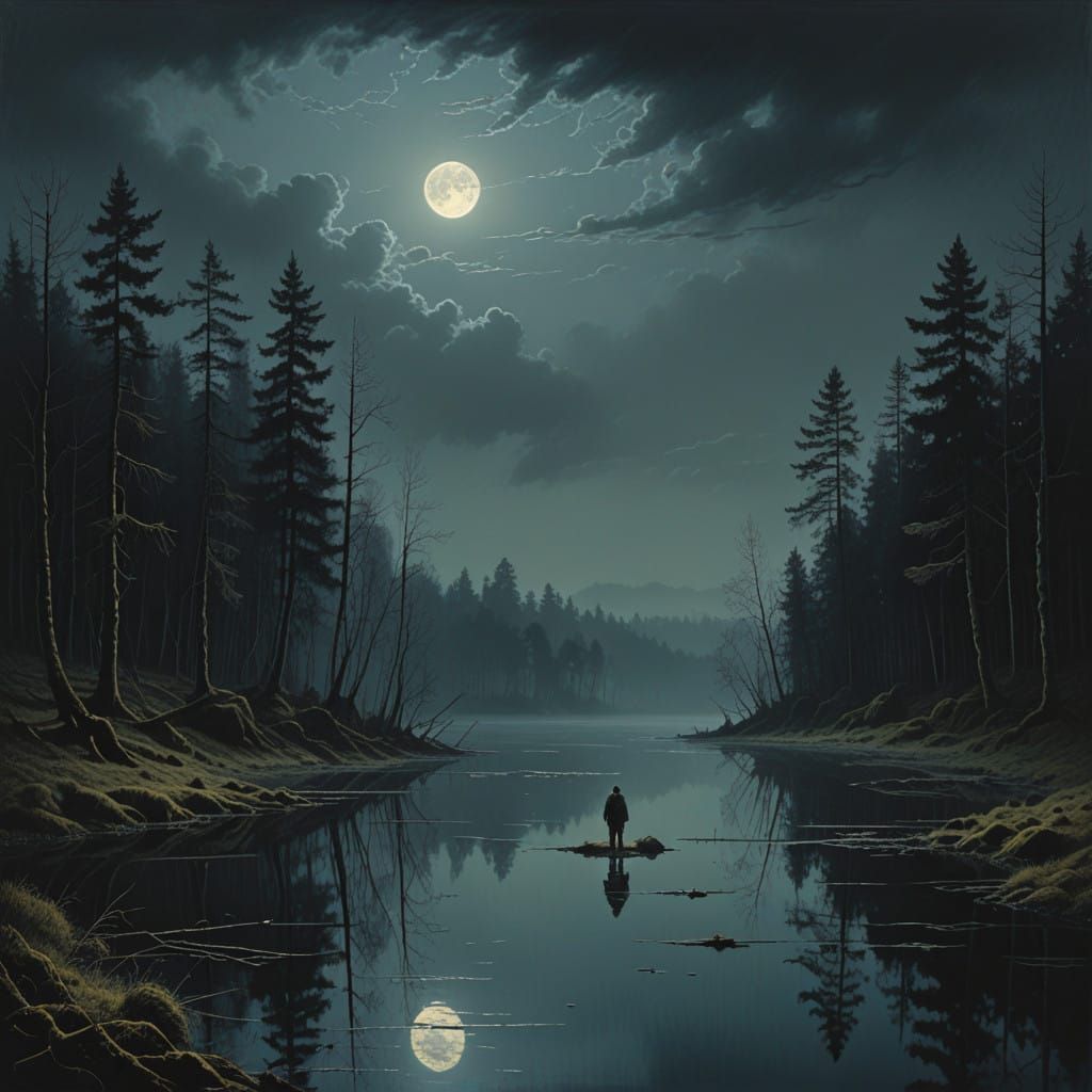 Mysterious Figure Contemplates Moonlit Lake