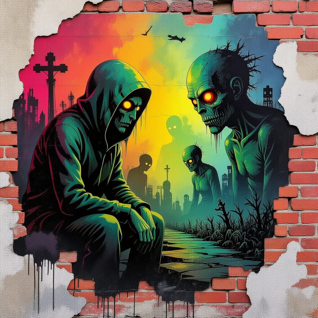 Dystopian Dreamscape on Brick Wall in Beksiński Style