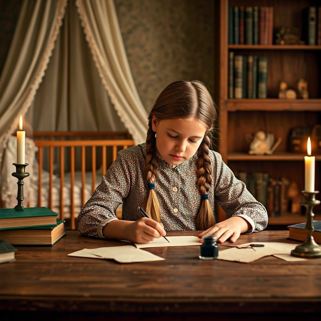 Girl Writing Letter in Cozy Children's Room