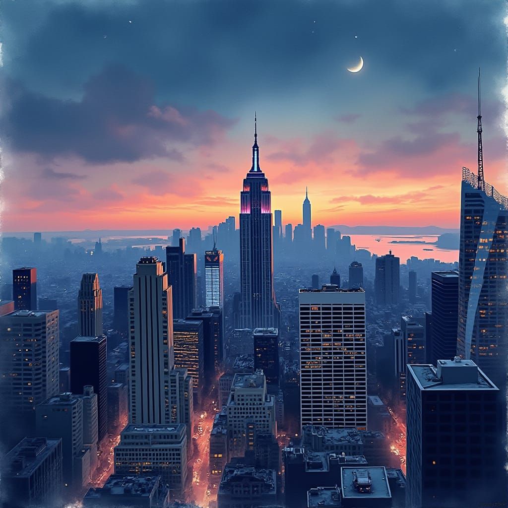 Vibrant New York Cityscape at Dusk, Watercolor Vignette