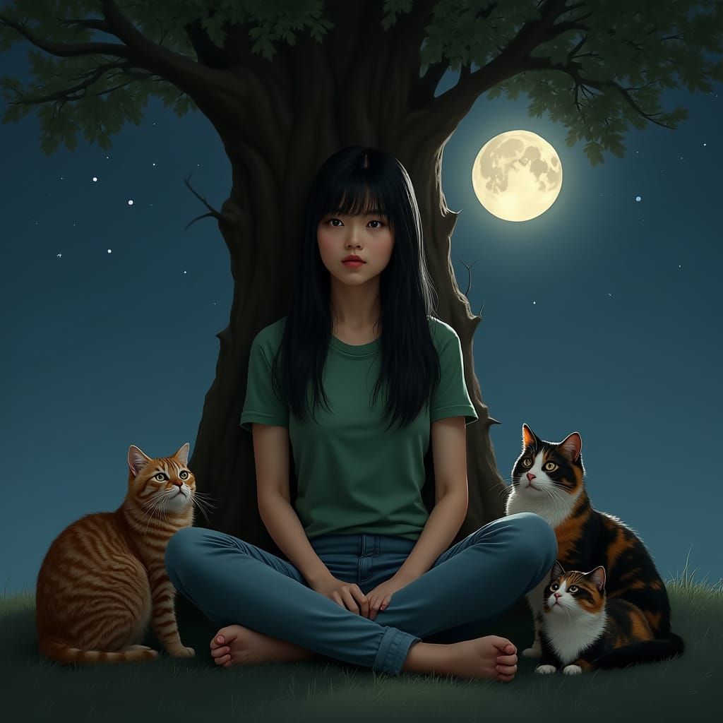 Serene Asian Girl in Midnight Forest