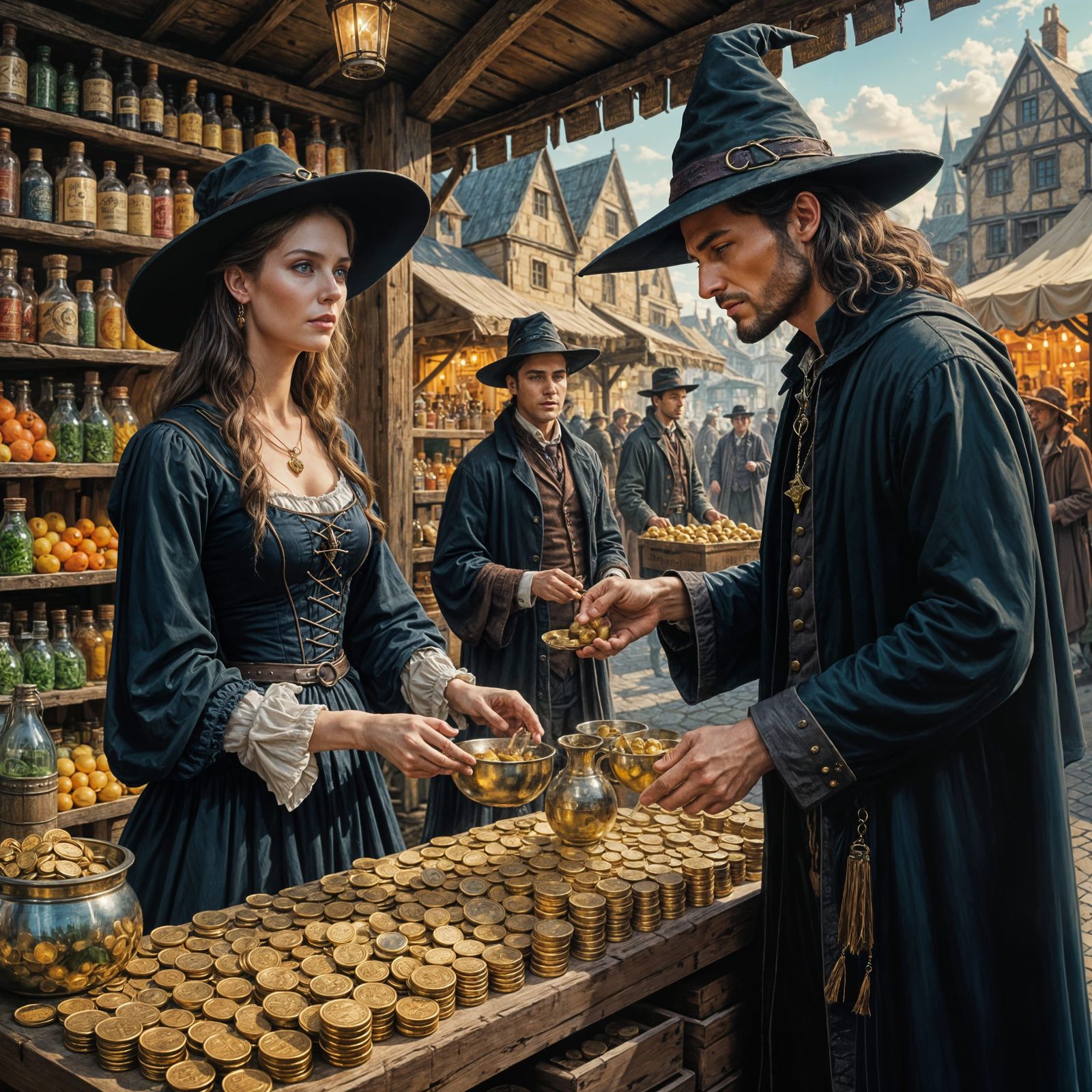 Enchanting Witch at the Market in Pastel Dark Fantasy Style