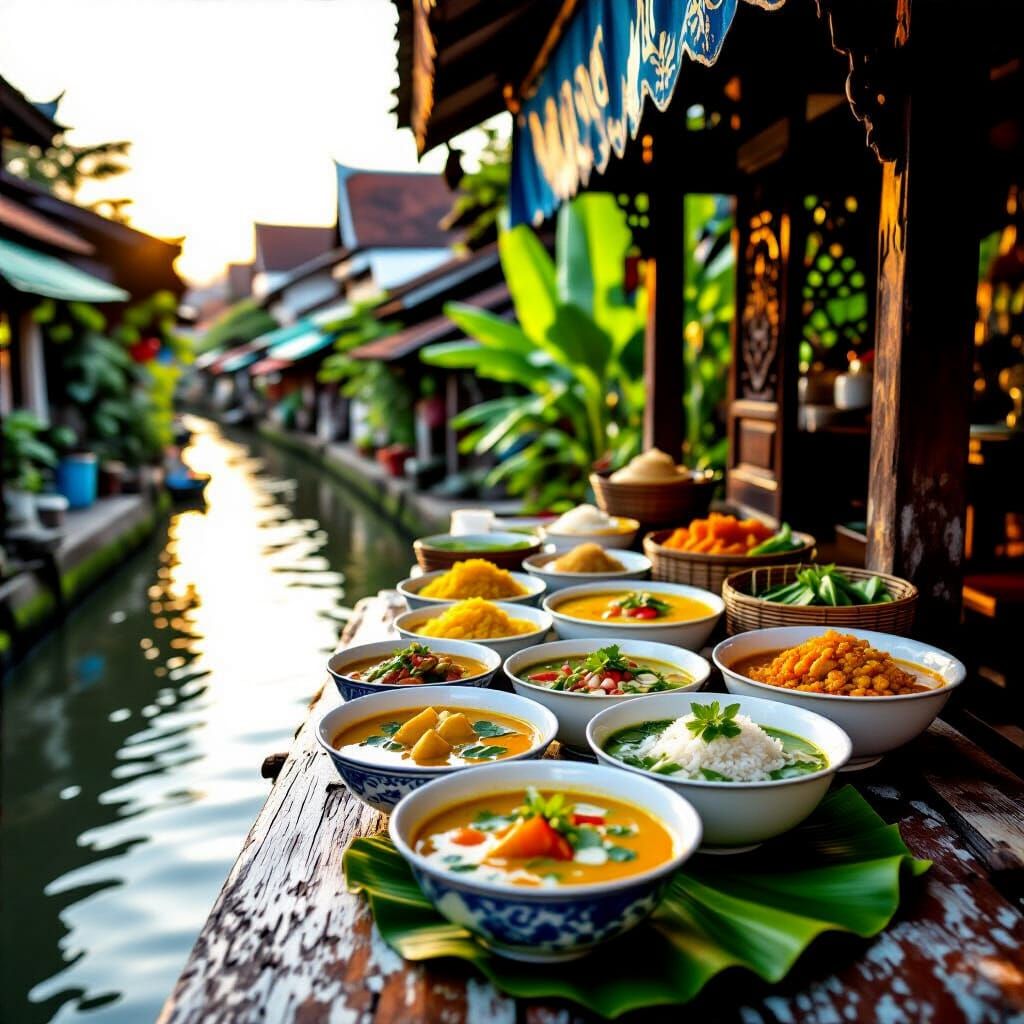 Abundant Thai Cuisine by a Serene Canal