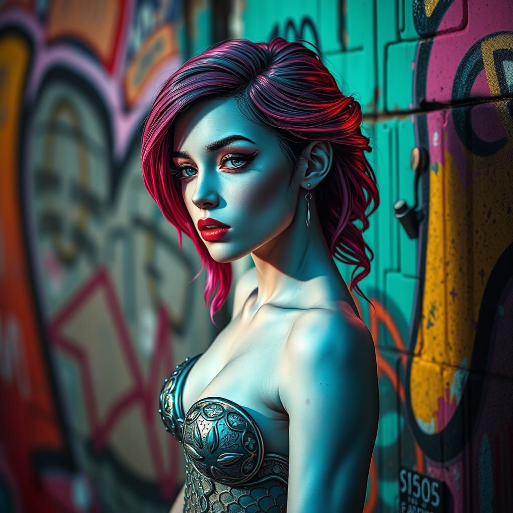 Hyperrealistic Mermaid in Vibrant Graffiti Setting