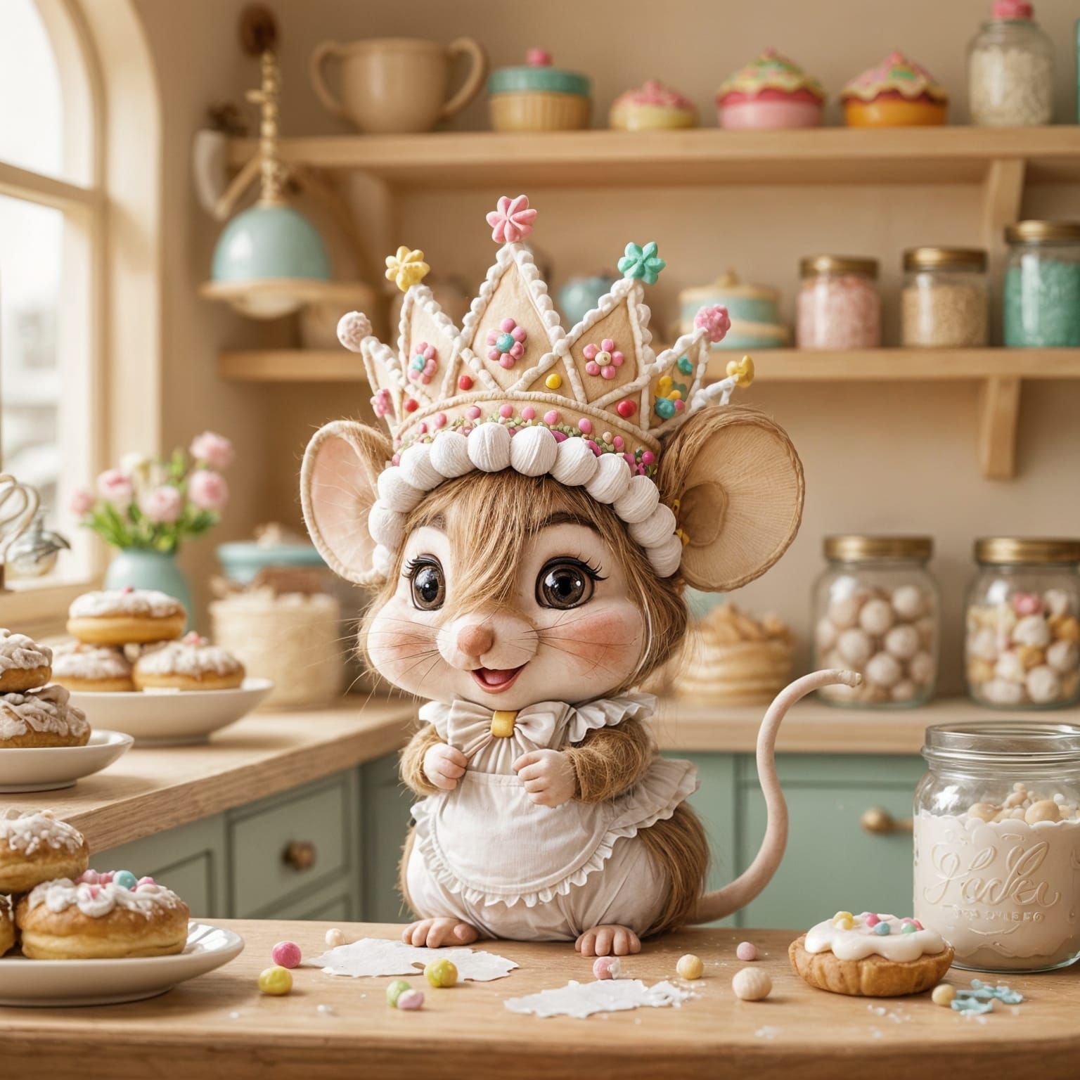 Mouse Baker with Candy Crown in Cozy Bakery