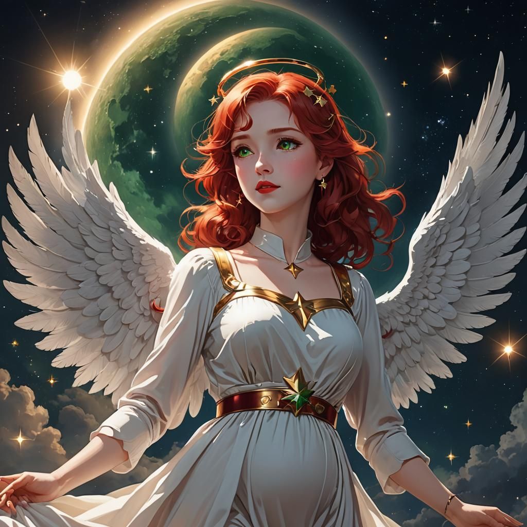 Anime Angel with Red Hair and Starry Night