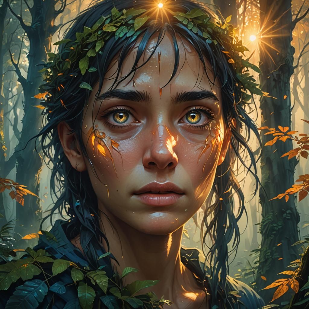 Crying Eyes in Mystical Forest: Digital Painting