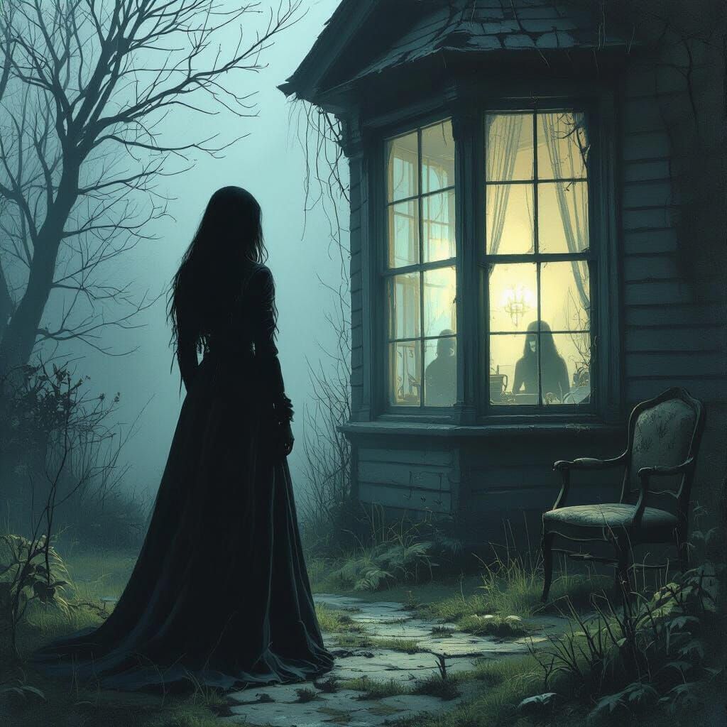 Eerie Figure in Garden, Mystical Digital Art