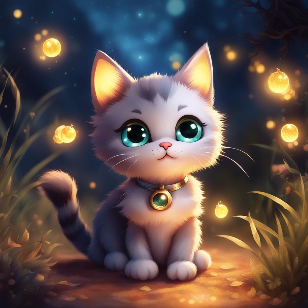 Adorable Cat Playing with Fireflies on Moonlit Night