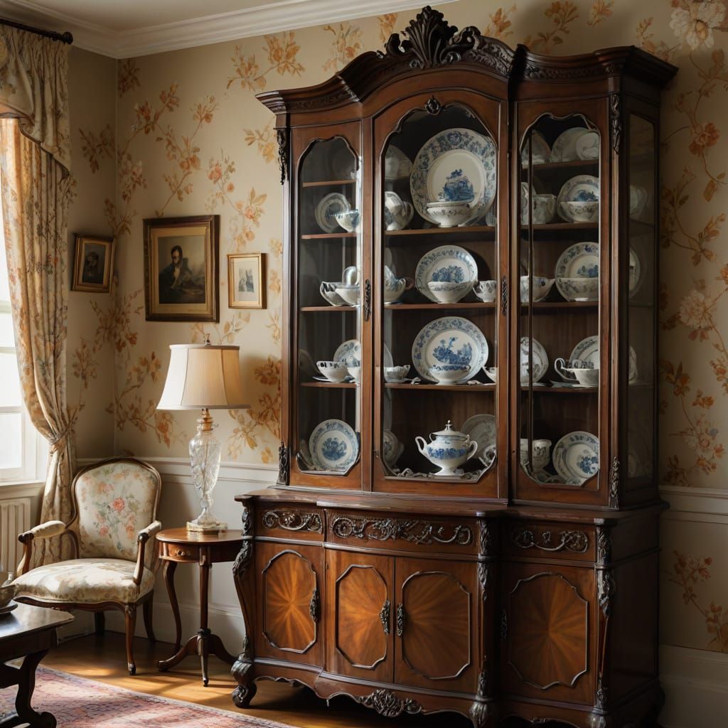 Elegant Antique China Cabinet in Sunlit Dining Room