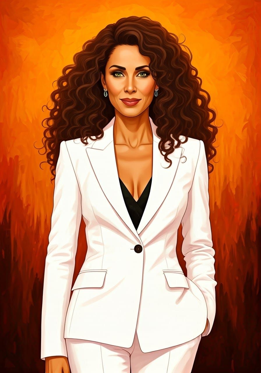 Elegant Woman in White Suit, Anime-Style Portrait