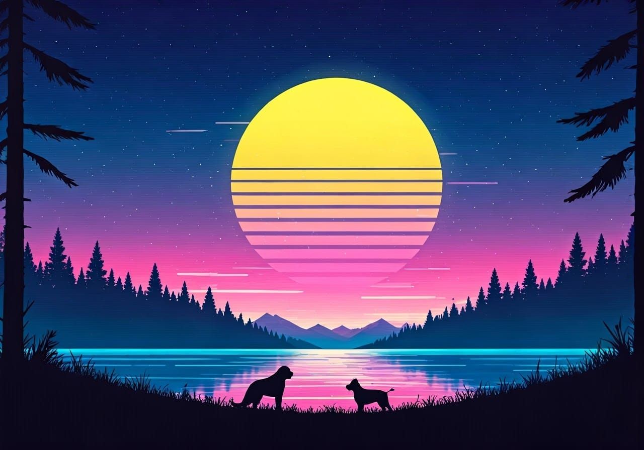Vaporwave Landscape with Dogs in Expressive Style