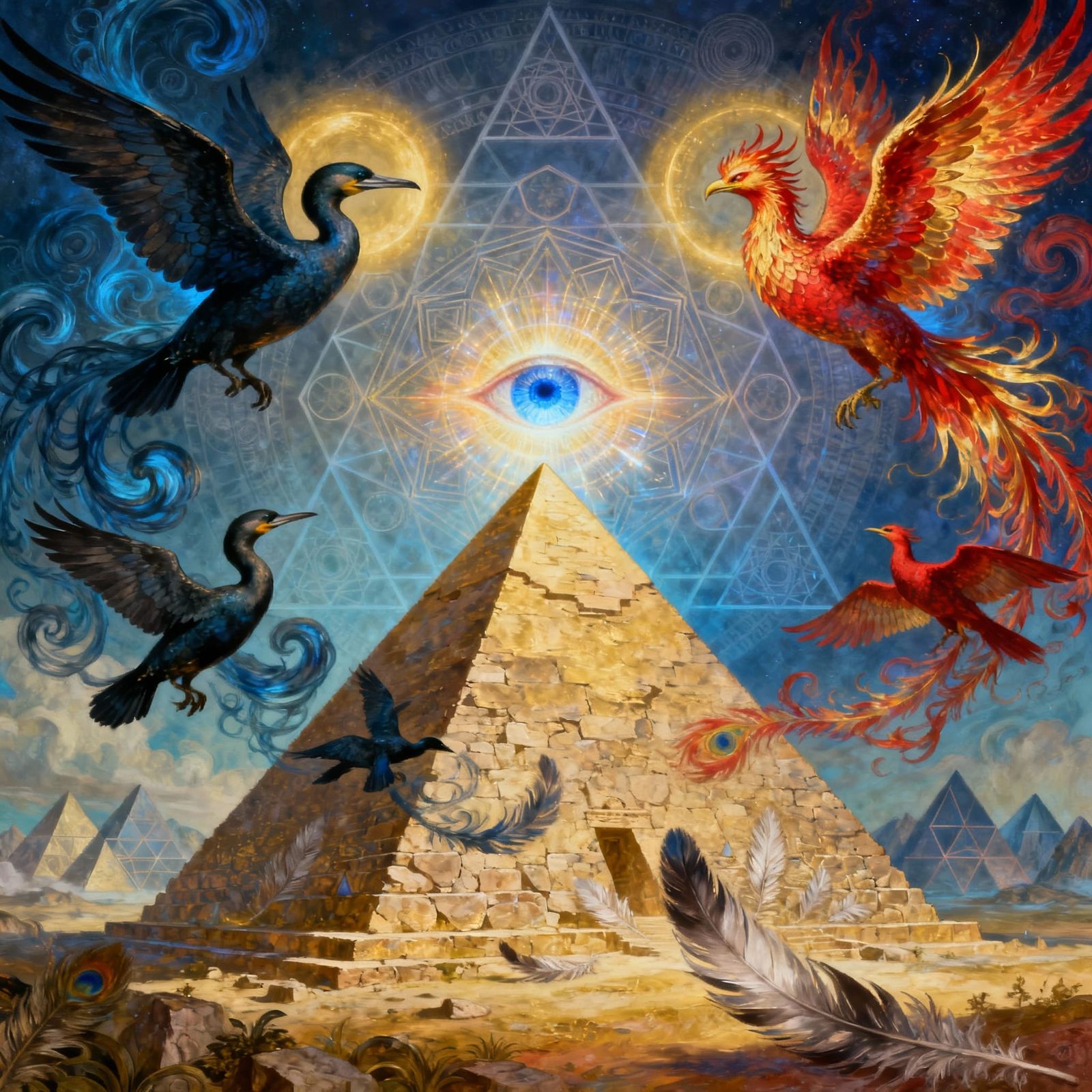 Cormorant and Phoenix Swarm Mystical Pyramid