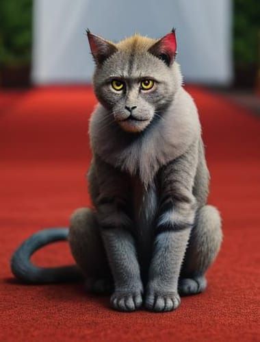 Baboon-Headed Cat on Red Carpet: Professional Photo