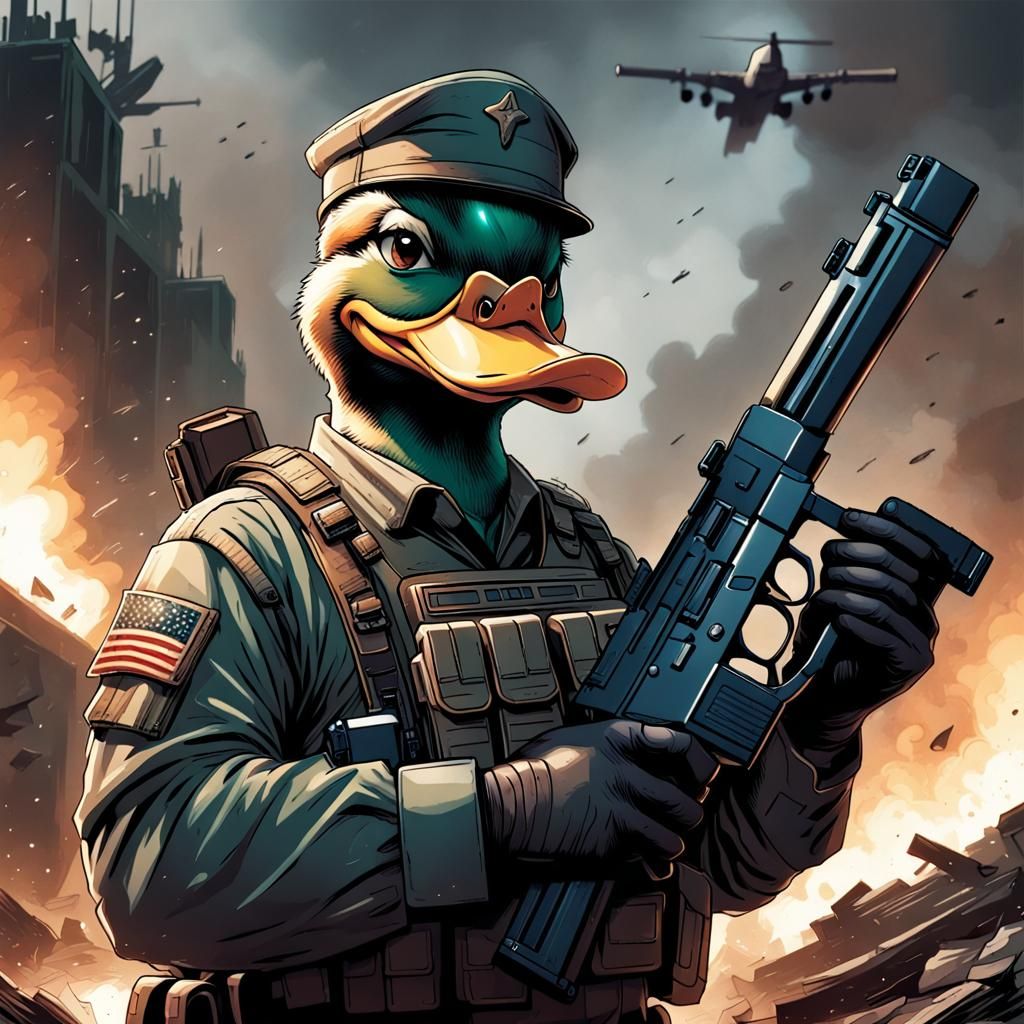 Armed Military Duck in Comic Book Style