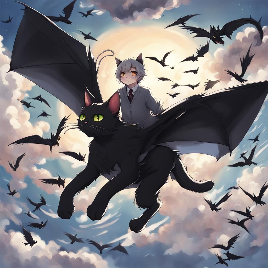 Black Cat Dragon Flies in Anime Style