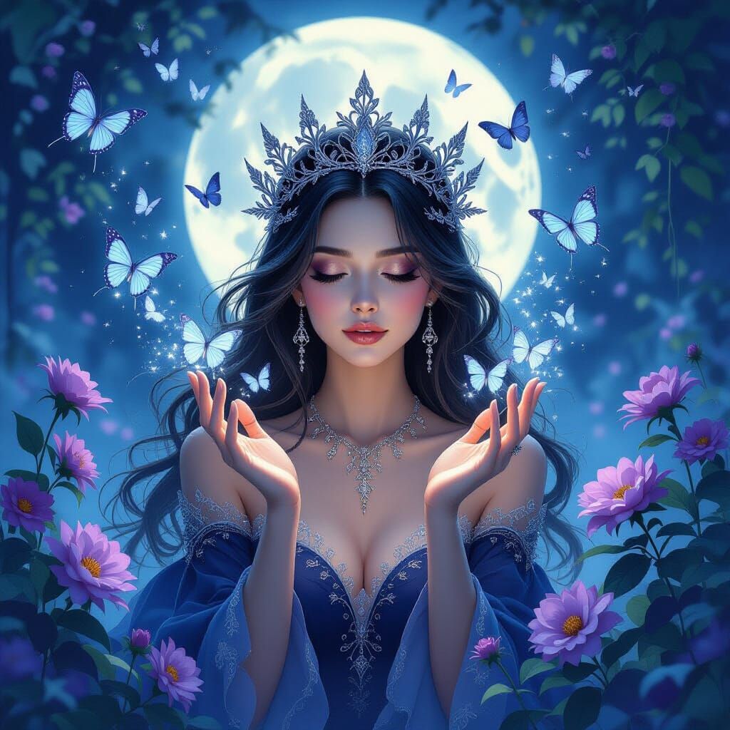Ethereal Witch Conjures Spectral Butterflies in Moonlit Gard...