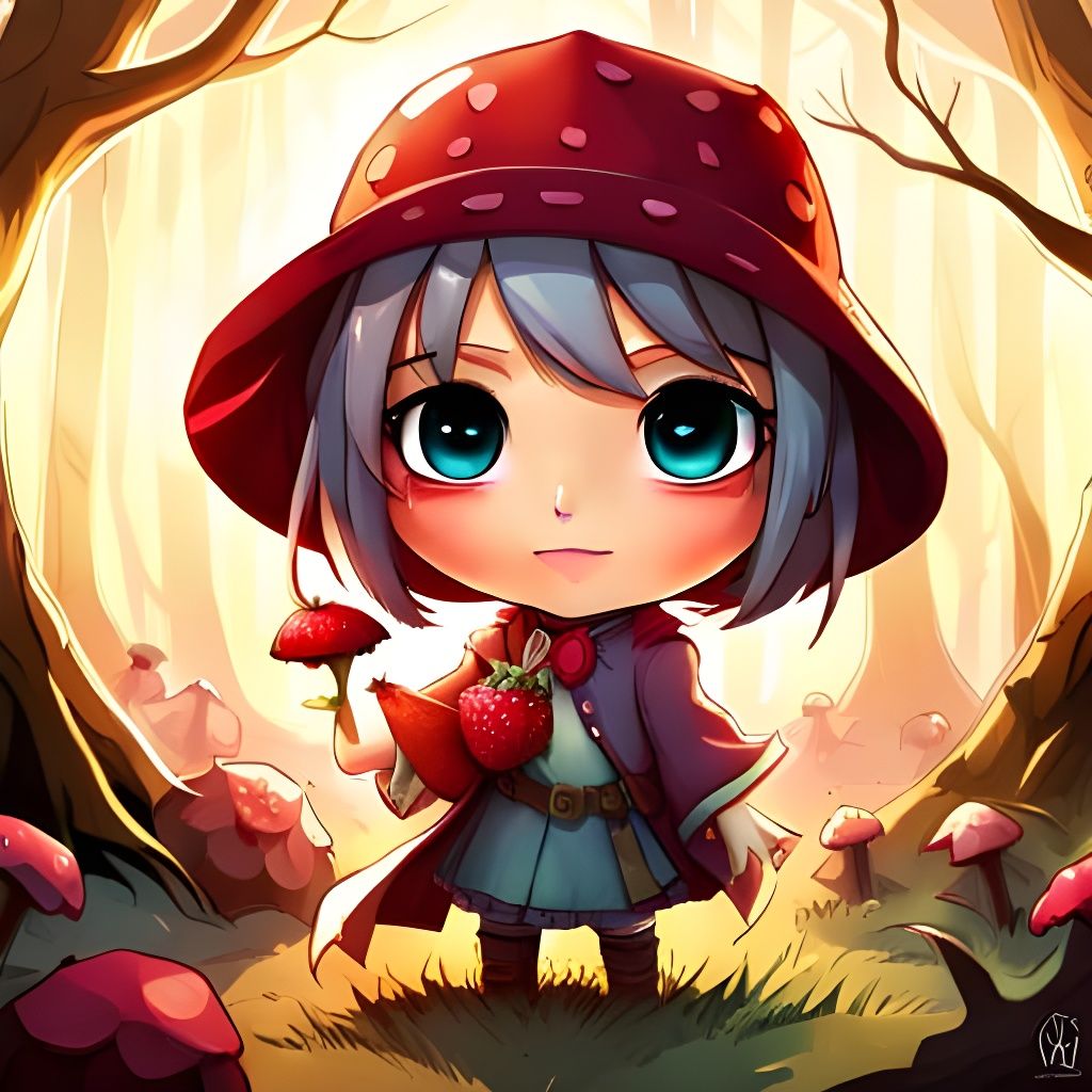 Chibi Strawberry Owl in Fantasy Mushroom Forest