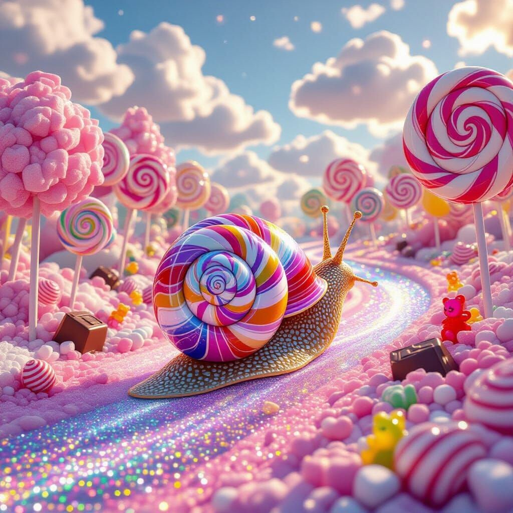 Whimsical Snail's Candy Forest Adventure in Hyperrealism