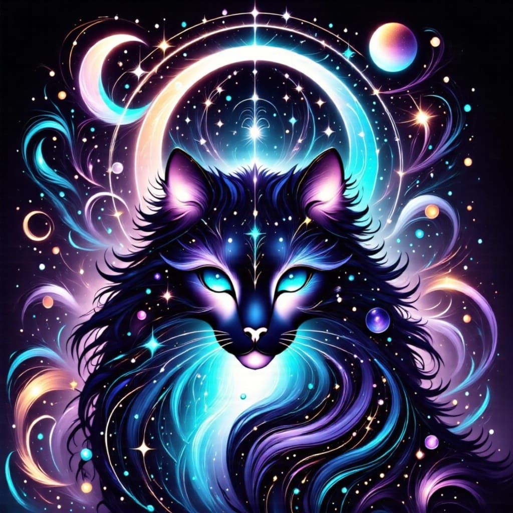 Mystical Cat with Ethereal Woman in Dreamlike Scene
