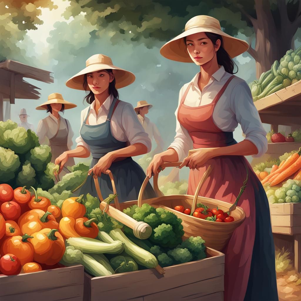 Farmers picking up fresh vegetables*fruits, concept art