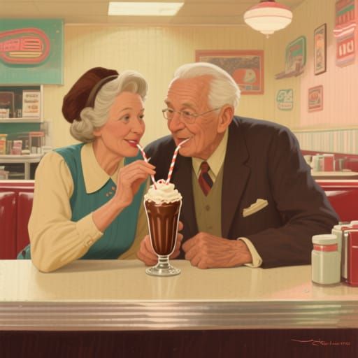 Nostalgic Diner Scene of Elderly Couple in Rockwell Style