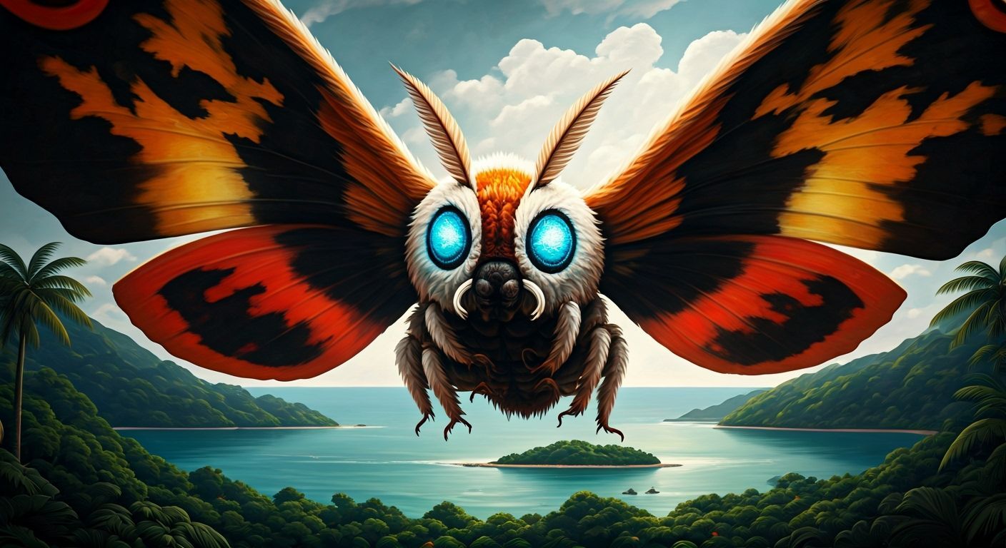 Mothra Over Tropical Island as Classical Painting