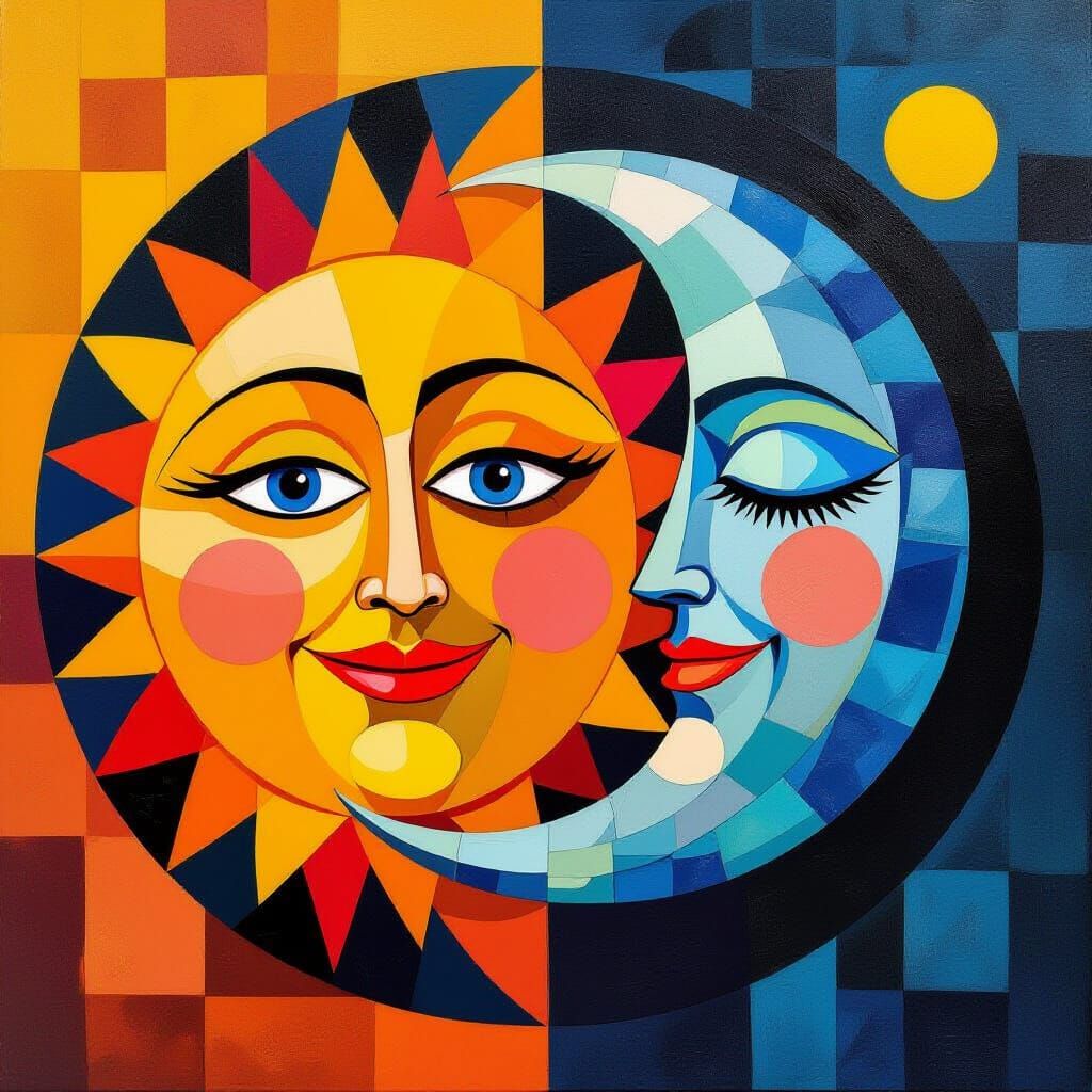 Cubic Sun and Moon Mandala in Abstract Cubism Style