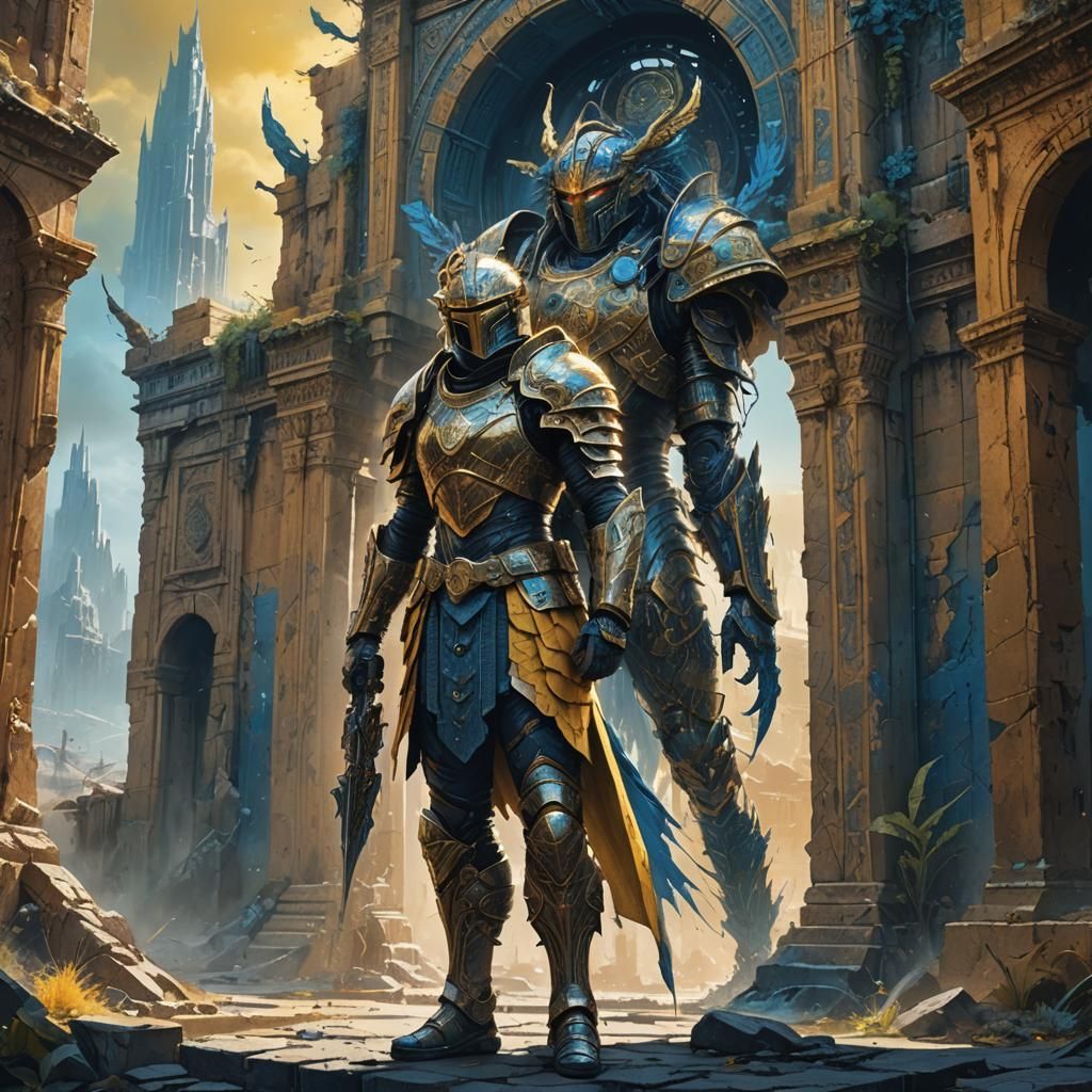 Armored Warrior Guarding Portal in Fantasy City