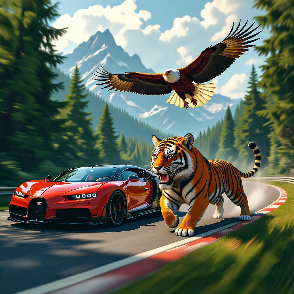 Tiger, Bugatti, and Eagle Race Through Fantasy Forest