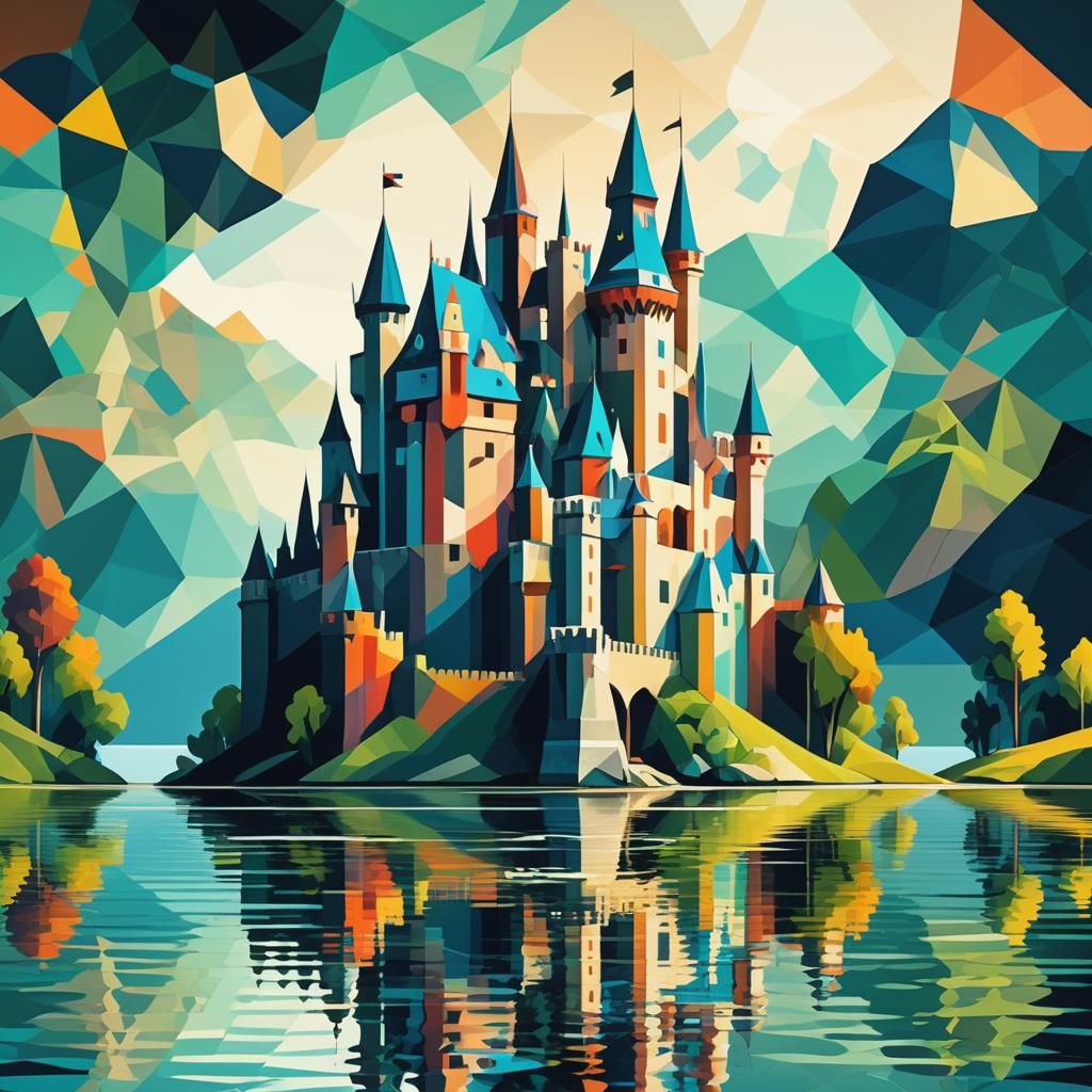 Castle by Lake with Geometric Abstract Art