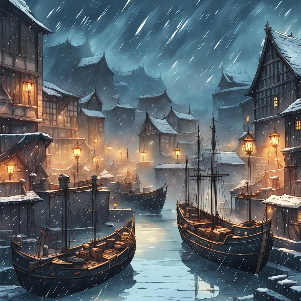 Snowy Medieval Port in Manga Anime Style