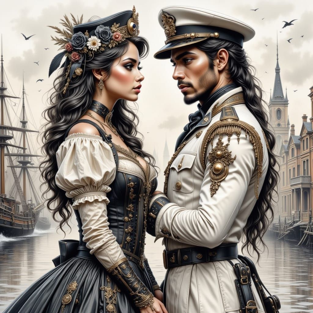 Steampunk Ship Harbor with Farewell Portrait