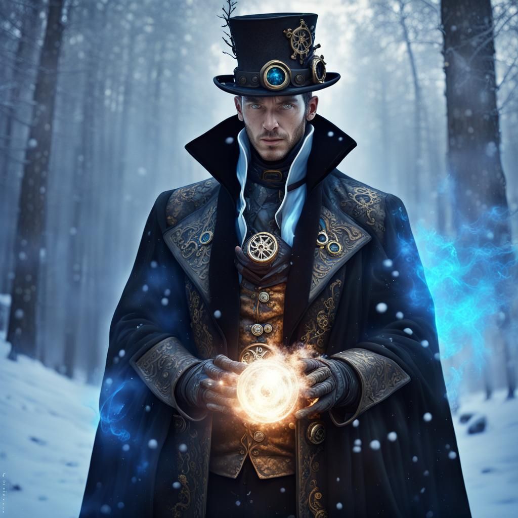 Steampunk Warlock Portrait in Snowy Forest