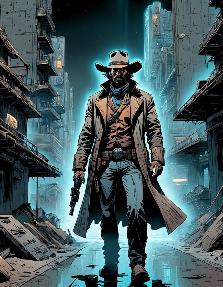 Cyberpunk Cowboy in Rusty Ghost City, Comic Art
