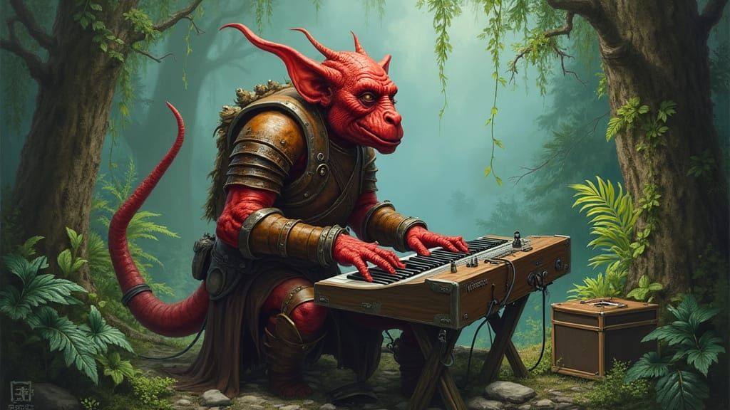 Red Goblin Keyboard Solo in Fantasy Acrylic Art