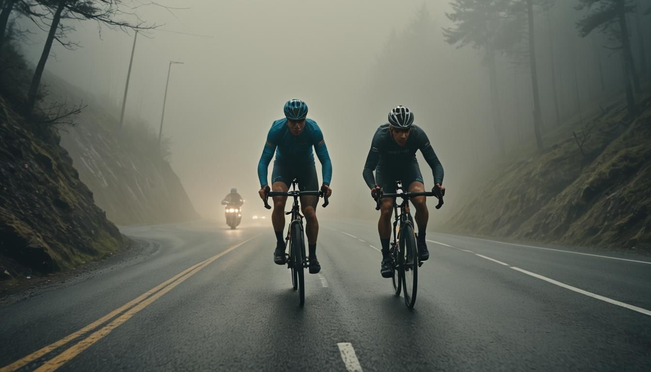 Cyclist Races Through Mist on Mountain Road