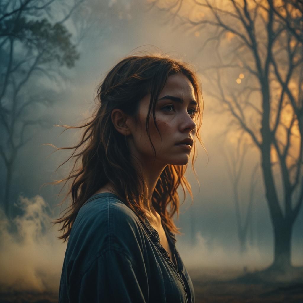 Girl in Glowing Mist at Twilight