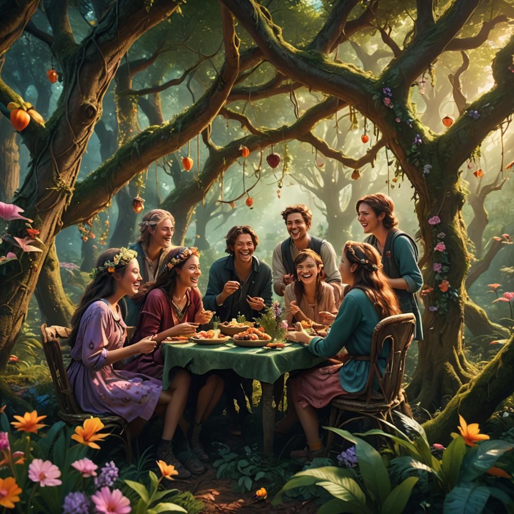 Lush Forest Gathering: A Whimsical Fantasy Matte Painting
