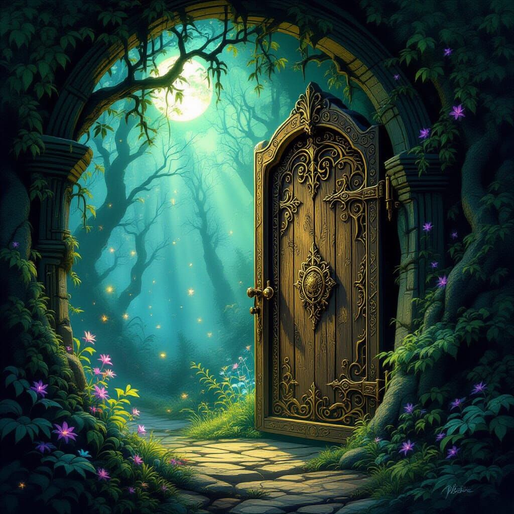 Ancient Fabled Door in Magical Forest Clearing
