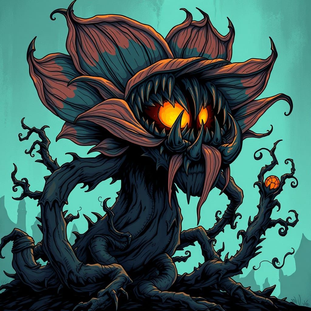 Menacing Plant Creature in Whimsical, Hand-Drawn Style