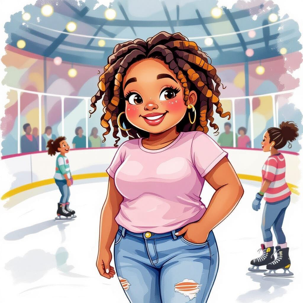 Girl Skating in Roller Rink, Watercolor Style