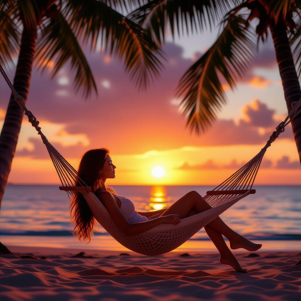 Attractive Woman Relaxing in Hammock at Sunset