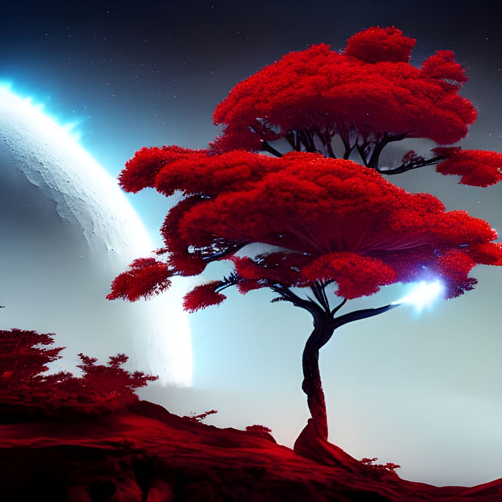 Red Tree in Meteorite: Epic Space Art