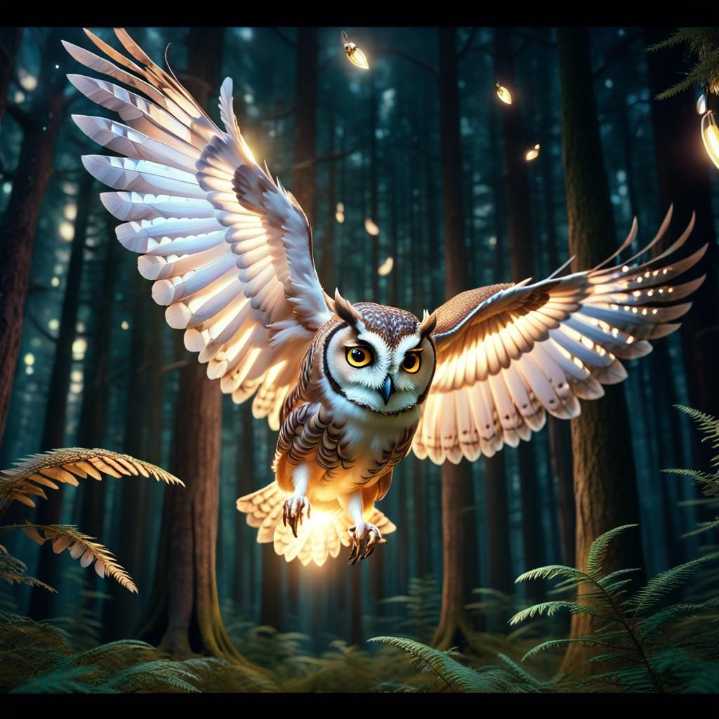Magical Owl Flying in Cosmic Forest, Digital Art