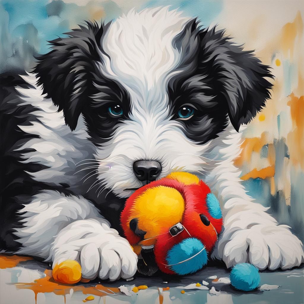 Fluffy Puppy Chewing Toy in Abstract Art Style