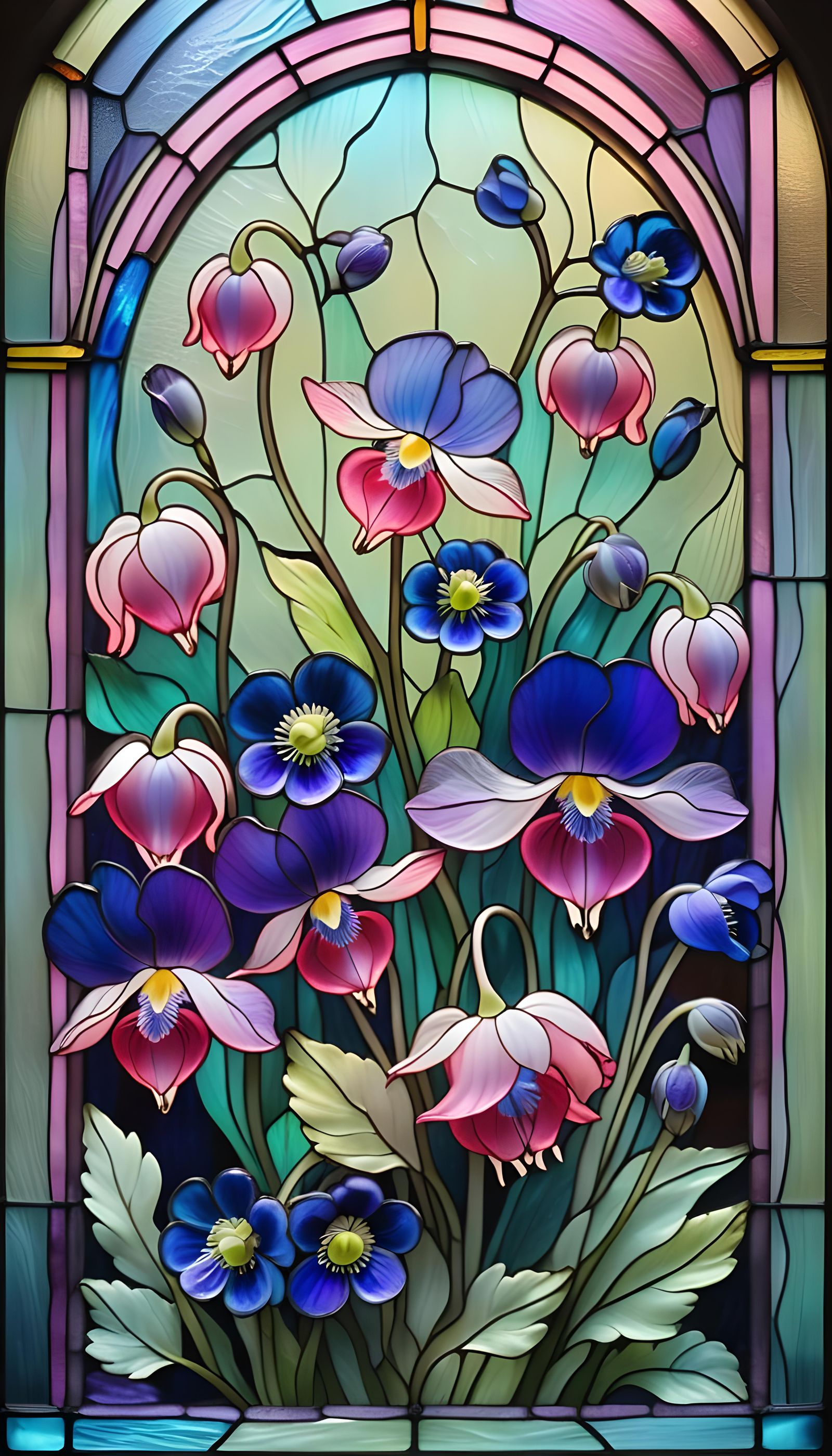 Stained Glass Bleeding Hearts and Anemones